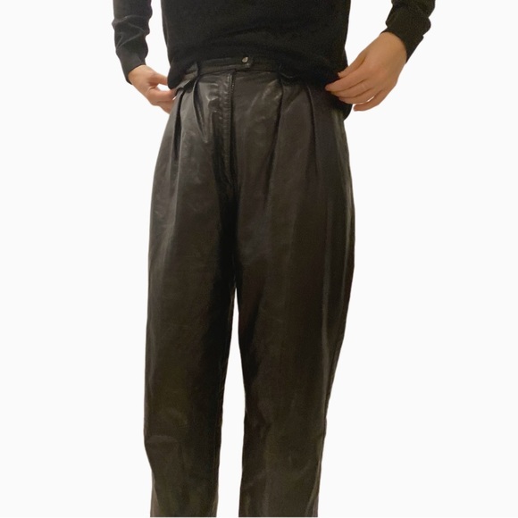 SOLD - VINTAGE BLACK LEATHER PLEATED TAPERED STRAIGHT PANTS - Picture 3 of 11